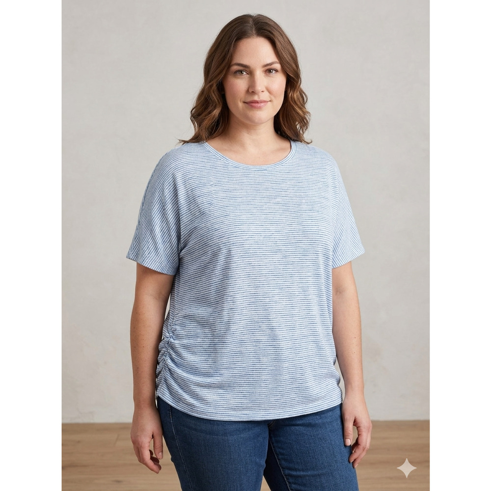Croft & Barrow Blue White Striped Ruched Side Tee 1X